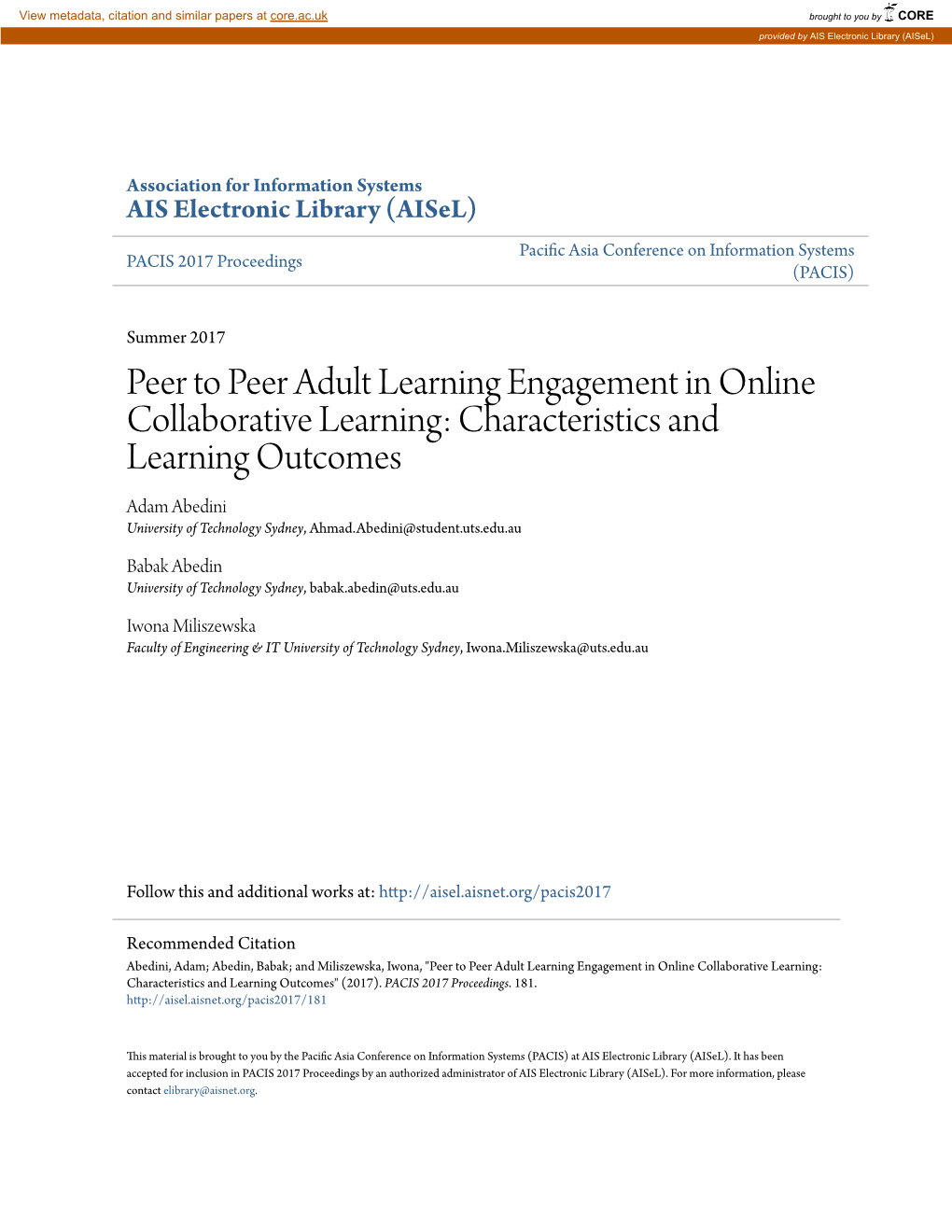 Peer to Peer Adult Learning Engagement in Online Collaborative Learning