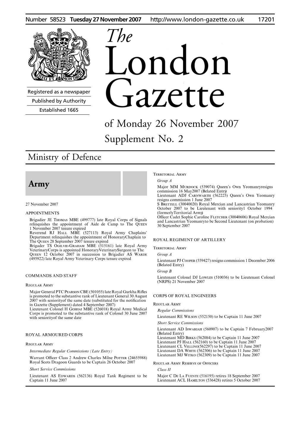 Of Monday 26 November 2007 Supplement No. 2 Ministry of Defence