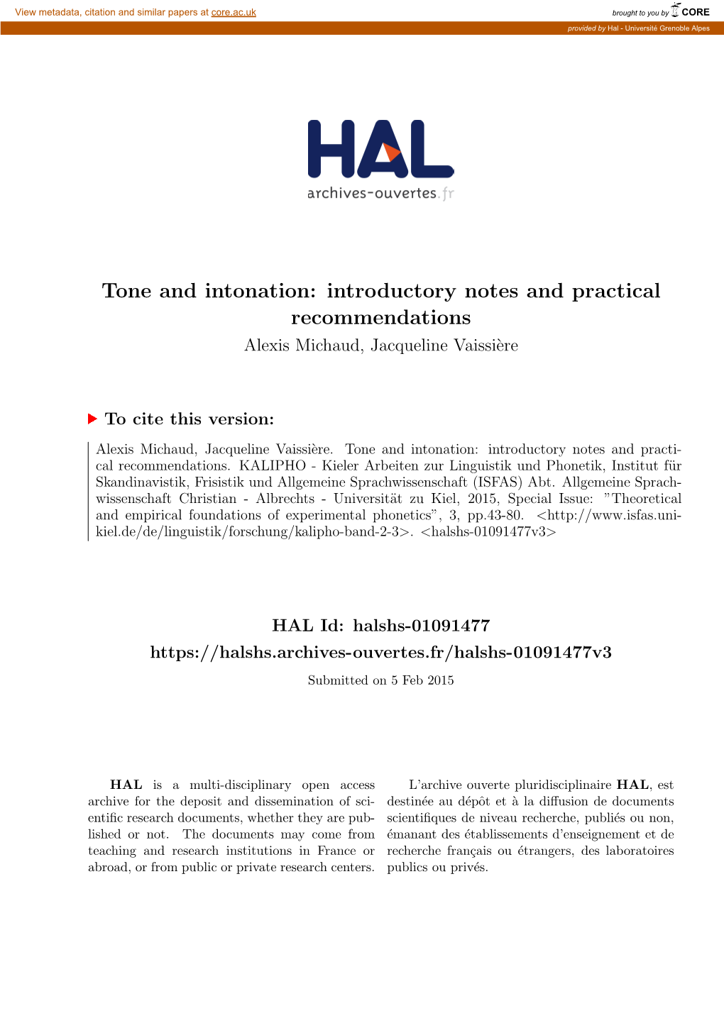 Tone and Intonation: Introductory Notes and Practical Recommendations Alexis Michaud, Jacqueline Vaissi`Ere