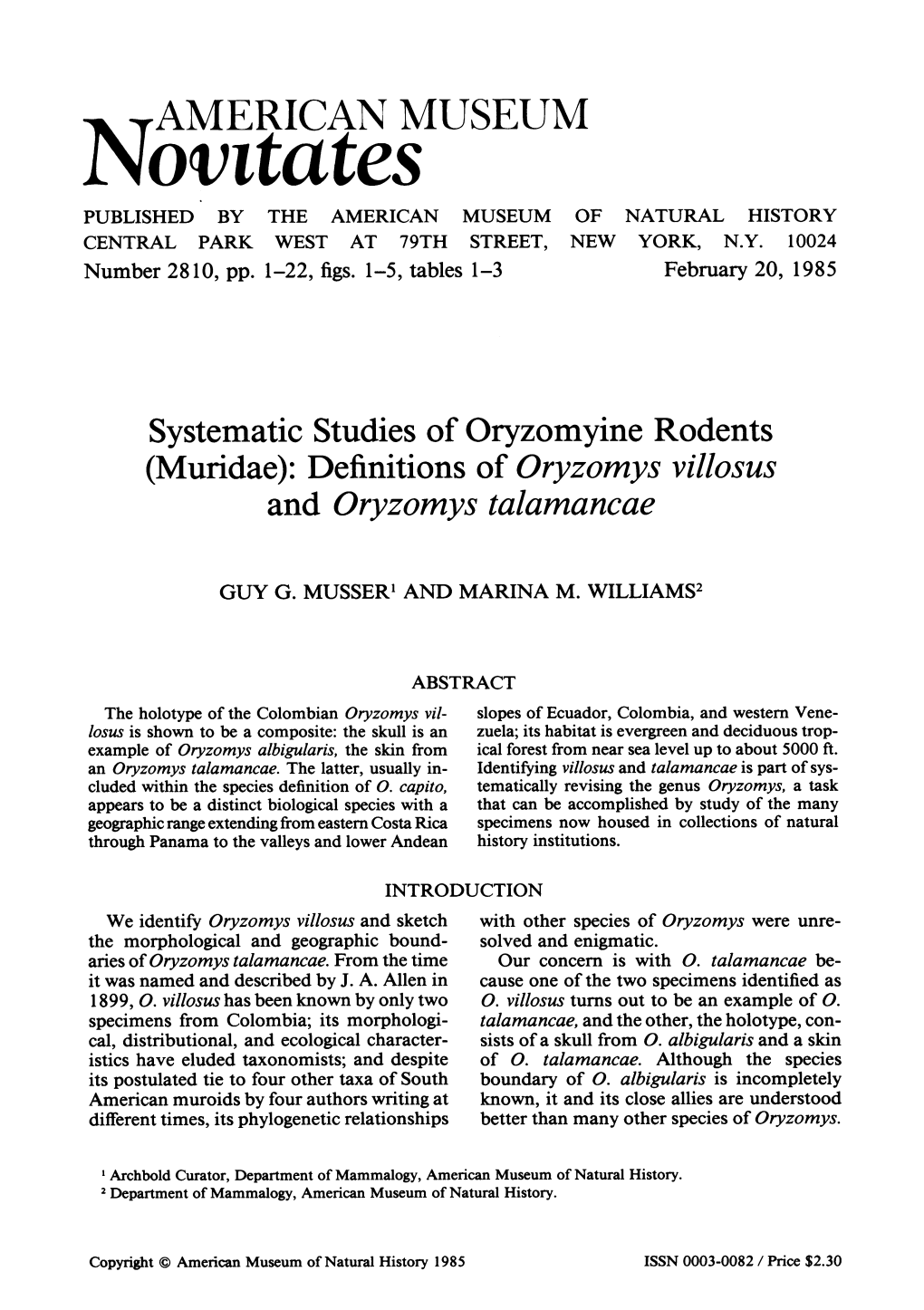 Definitions of Oryzomys Villosus and Oryzomys Talamancae