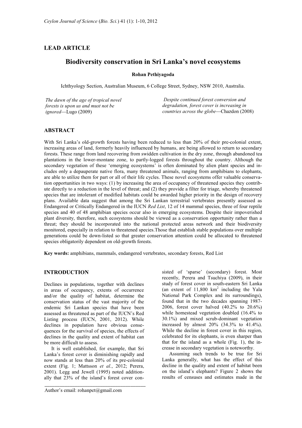 Biodiversity Conservation in Sri Lanka's Novel Ecosystems