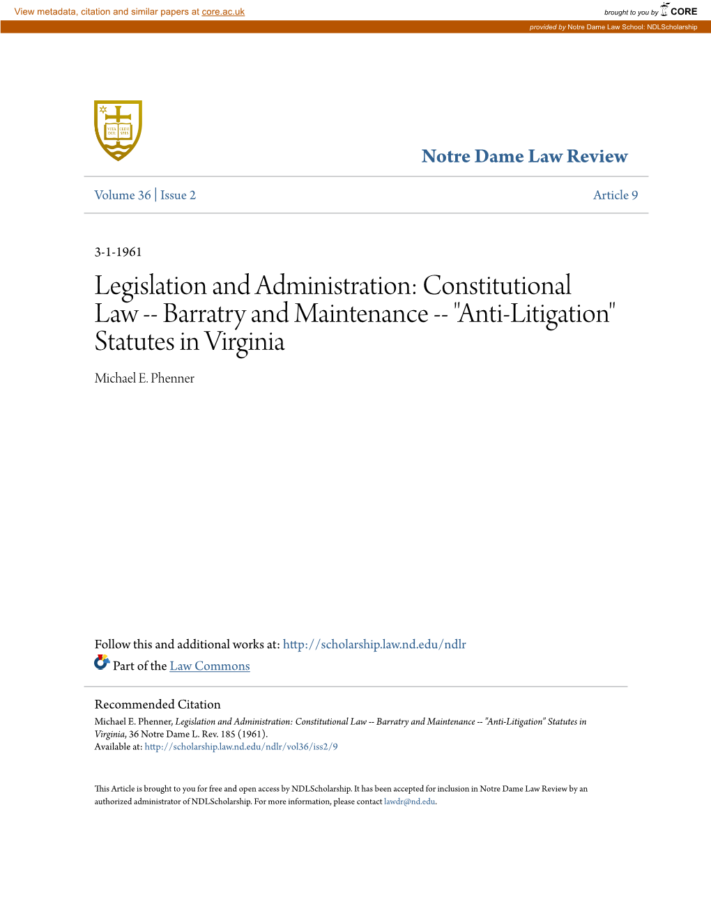 Constitutional Law -- Barratry and Maintenance -- "Anti-Litigation" Statutes in Virginia Michael E