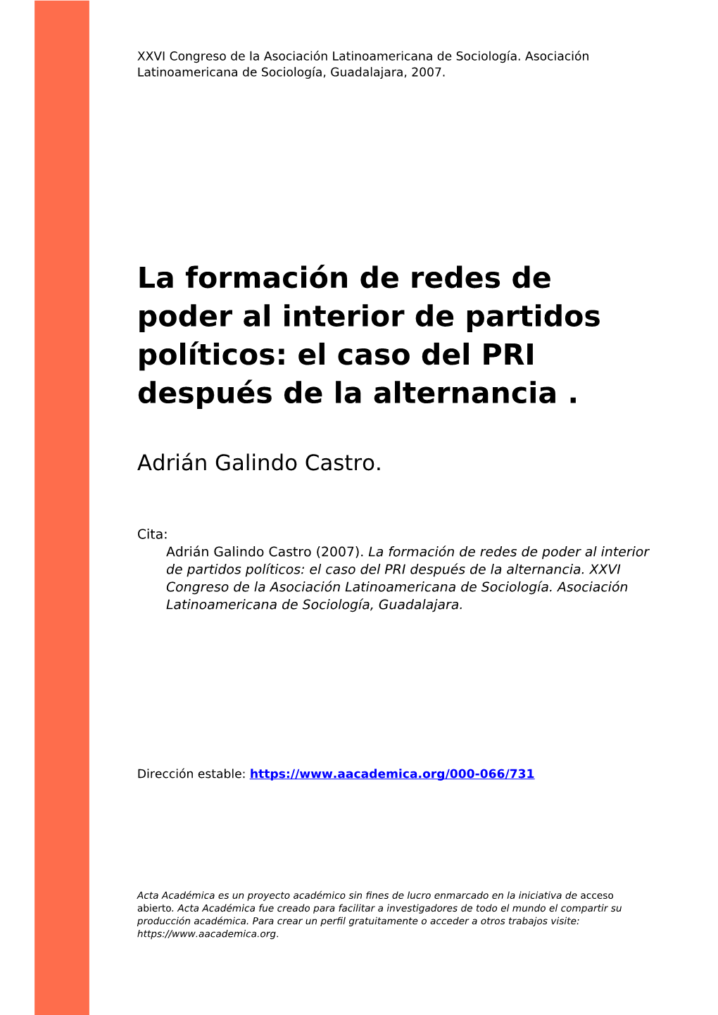 La Formación De Redes De Poder Al Interior De Partidos Políticos: El Caso Del PRI Después De La Alternancia