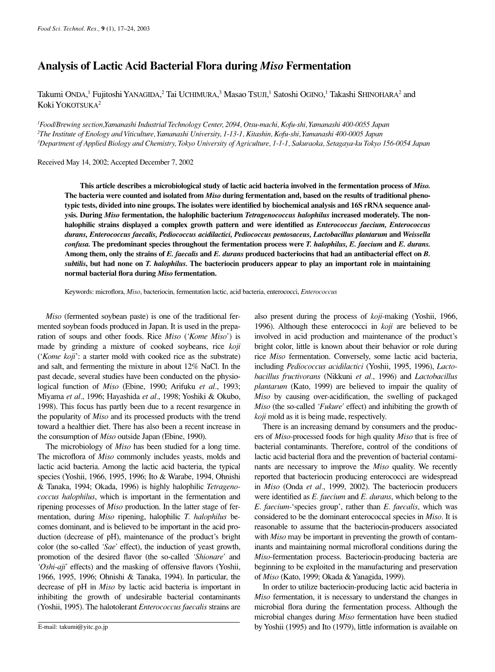 Analysis of Lactic Acid Bacterial Flora During Miso Fermentation