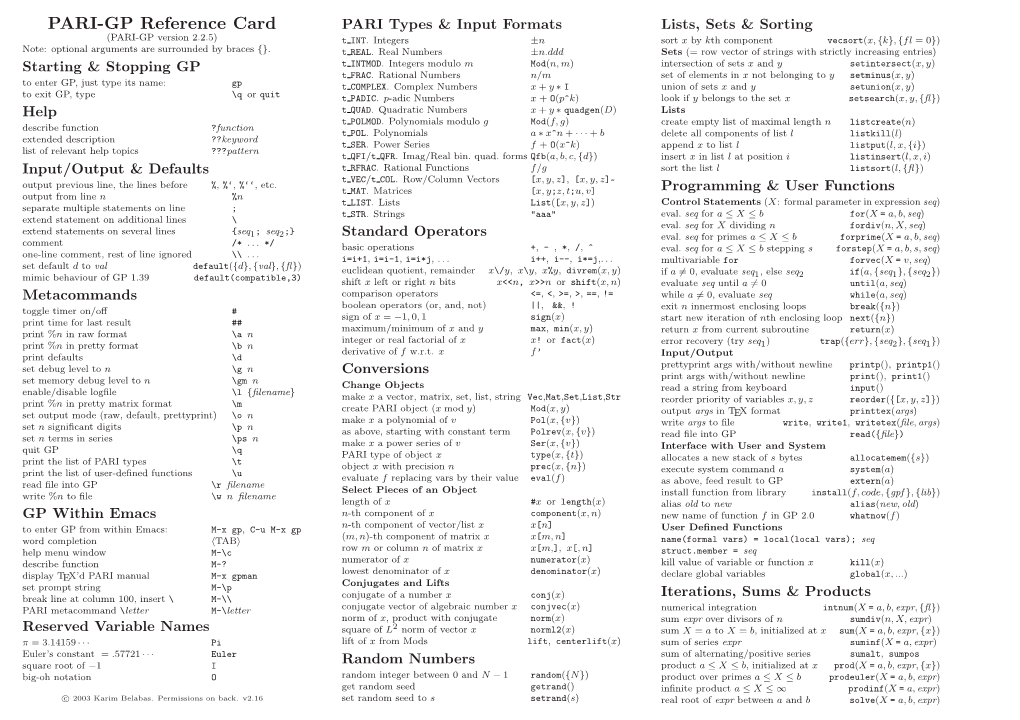 PARI-GP Reference Card PARI Types & Input Formats Lists, Sets & Sorting (PARI-GP Version 2.2.5) T INT