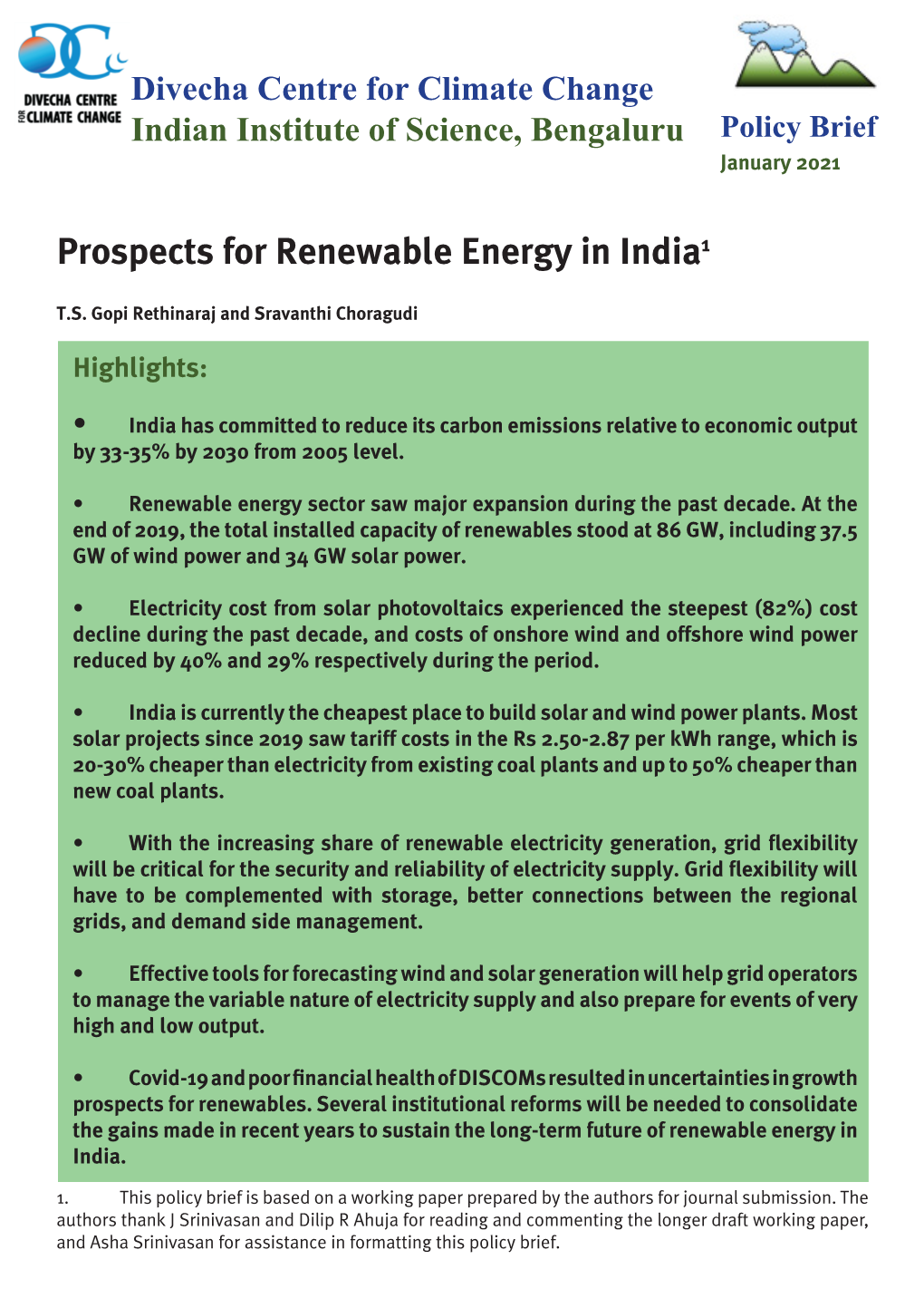 Prospects for Renewable Energy in India1