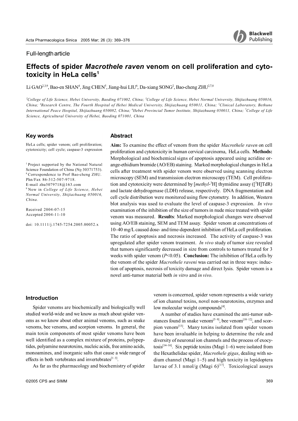 Effects of Spider Macrothele Raven Venom on Cell Proliferation and Cyto- Toxicity in Hela Cells1