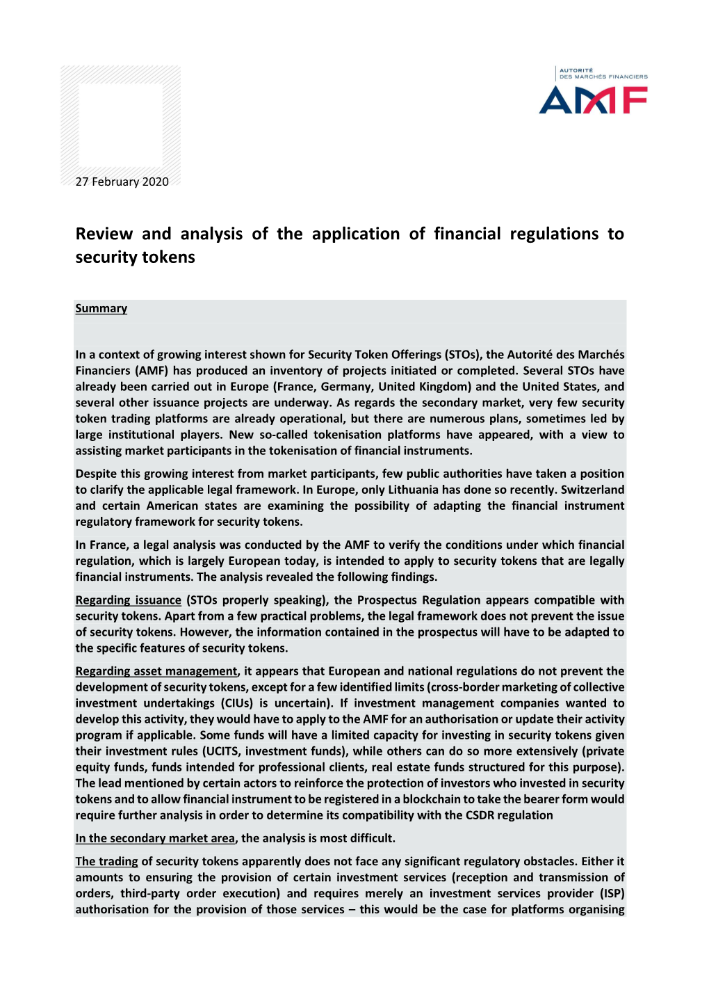 Review and Analysis of the Application of Financial Regulations to Security Tokens