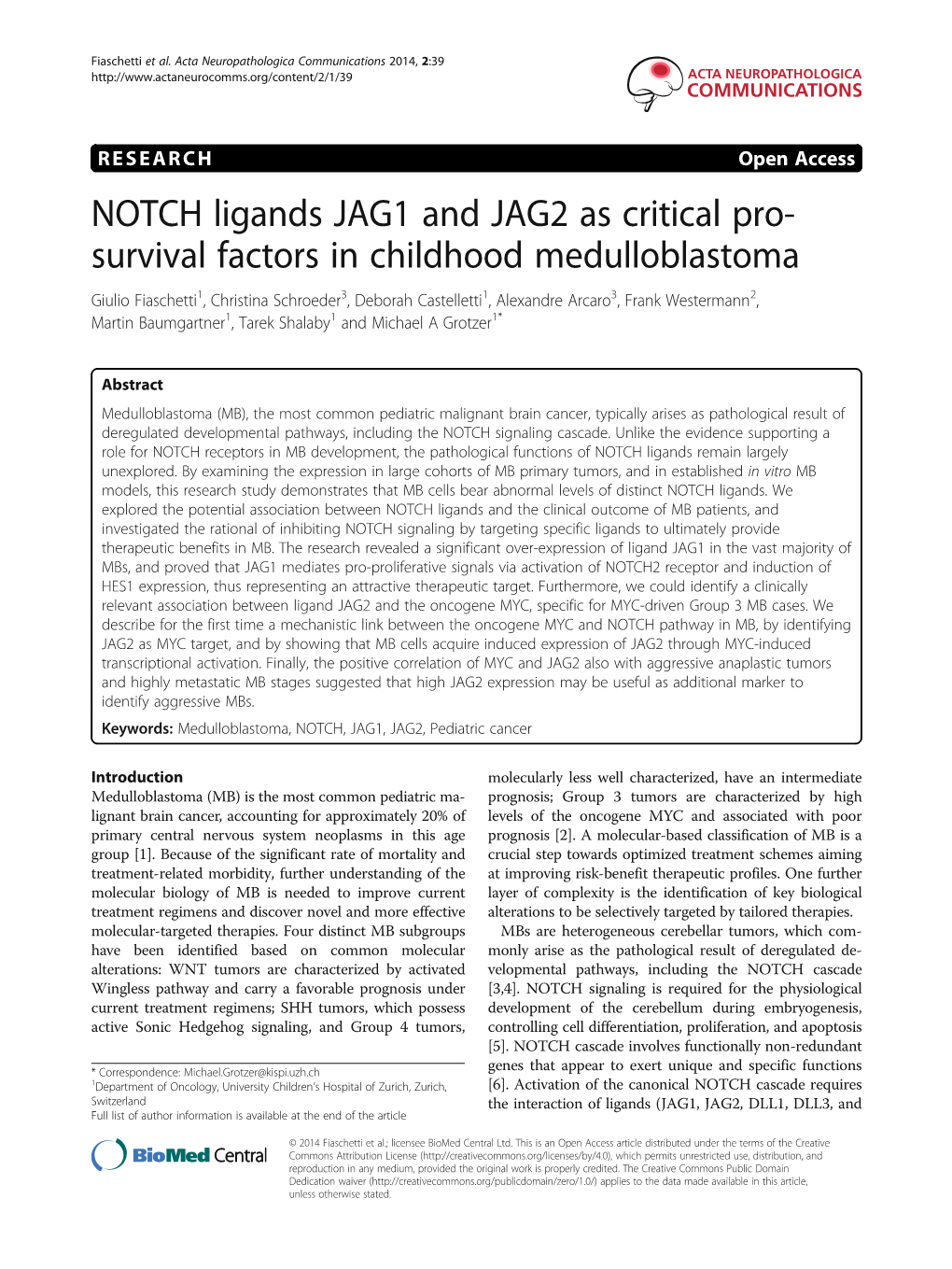 NOTCH Ligands JAG1 and JAG2 As Critical Pro- Survival Factors in Childhood Medulloblastoma