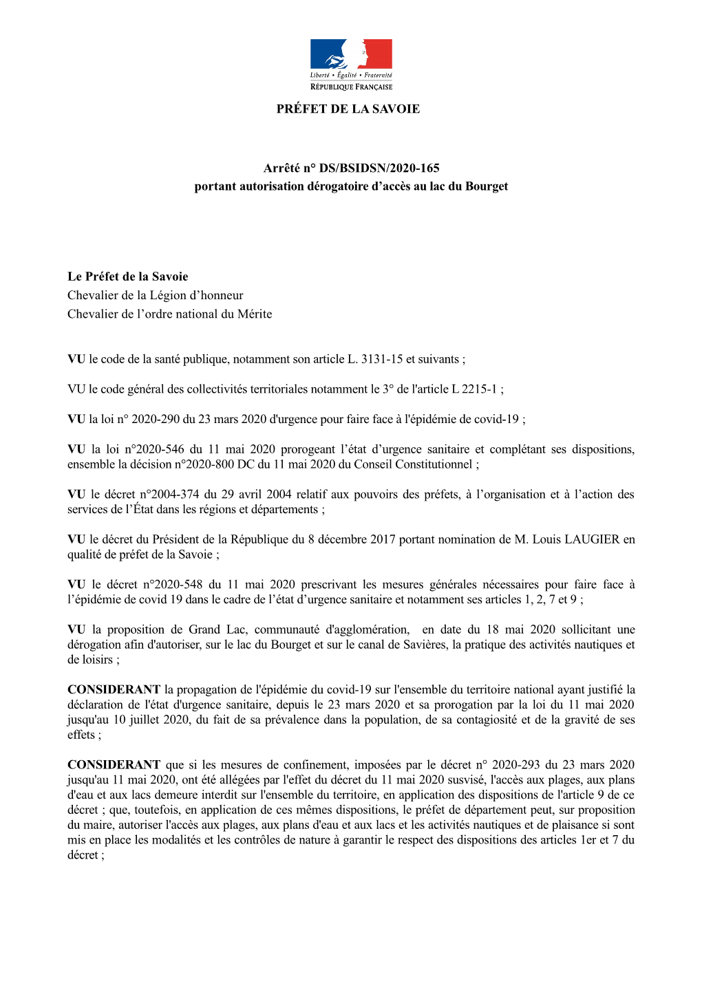 PRÉFET DE LA SAVOIE Arrêté N° DS/BSIDSN/2020-165 Portant