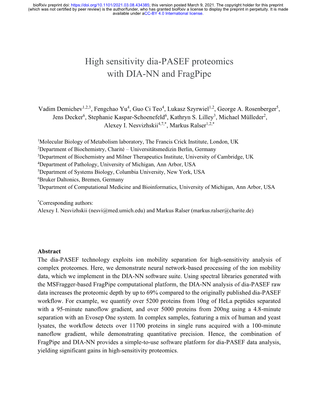 High Sensitivity Dia-PASEF Proteomics with DIA-NN and Fragpipe