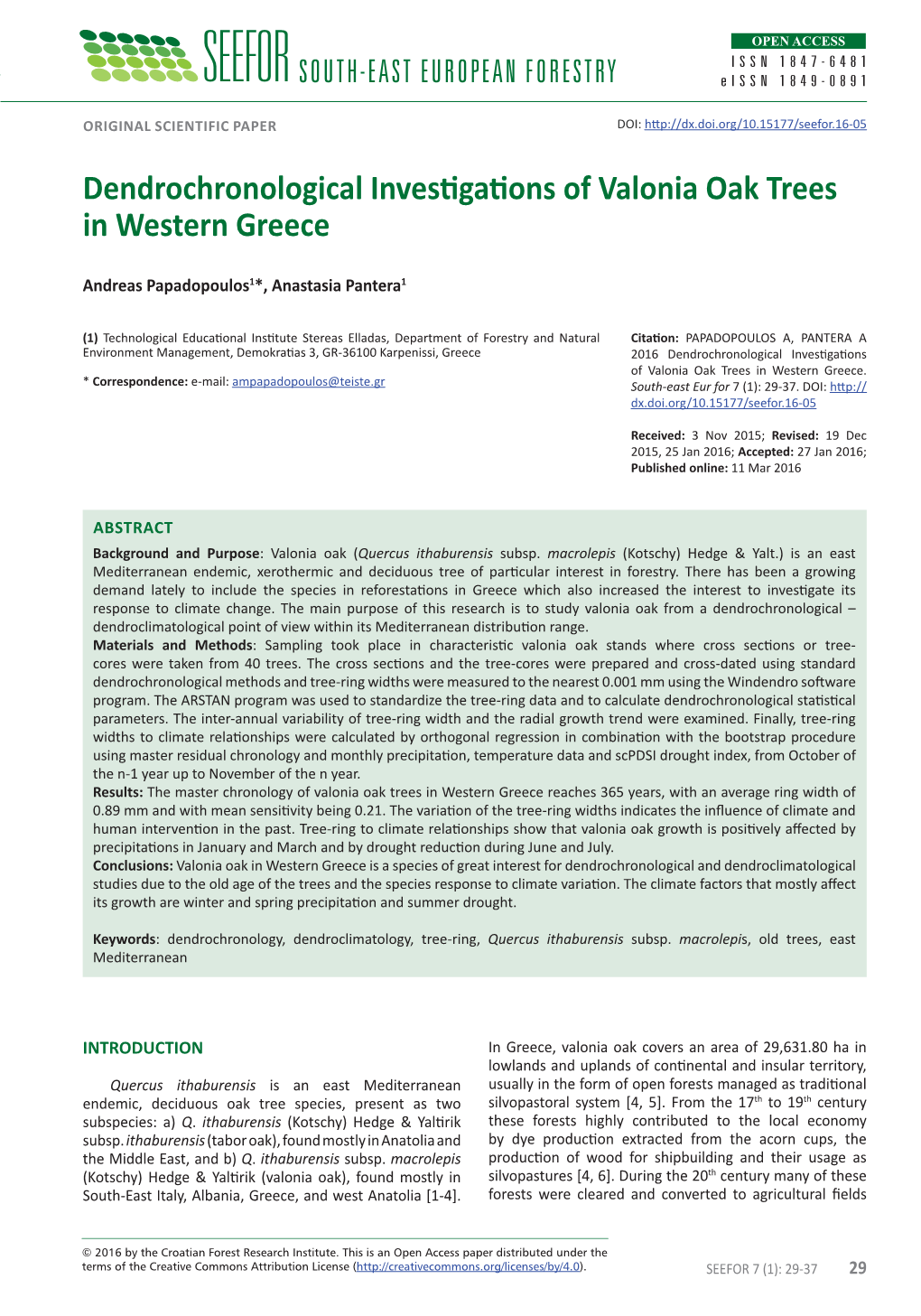 Dendrochronological Investigations of Valonia Oak Trees in Western Greece