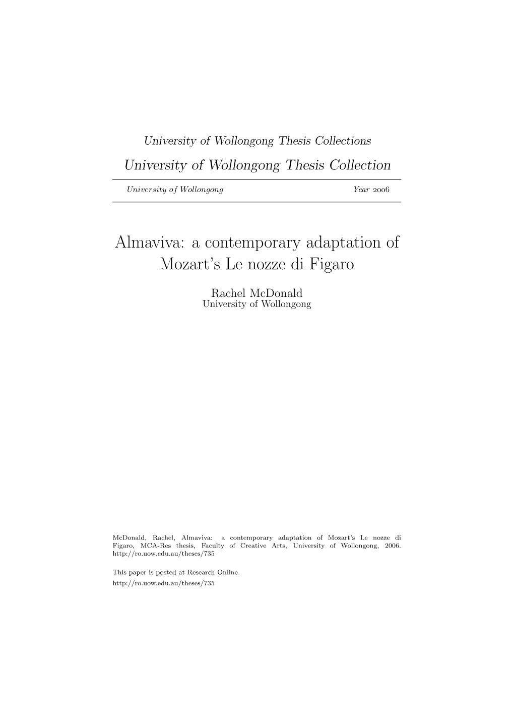 Almaviva: a Contemporary Adaptation of Mozart's Le Nozze Di Figaro