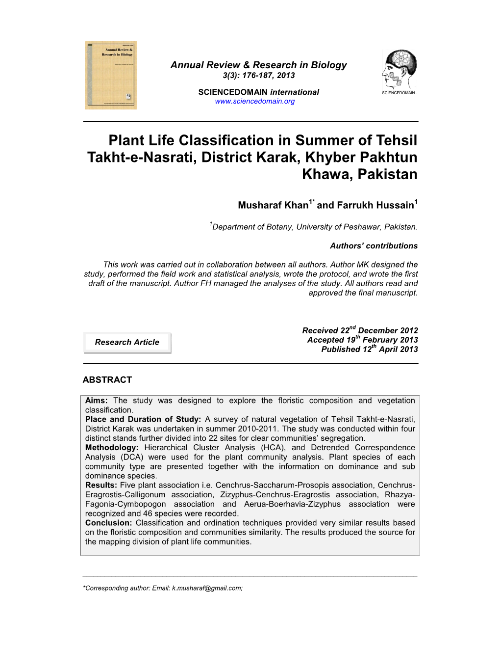 Plant Life Classification in Summer of Tehsil Takht-E-Nasrati, District Karak, Khyber Pakhtun Khawa, Pakistan