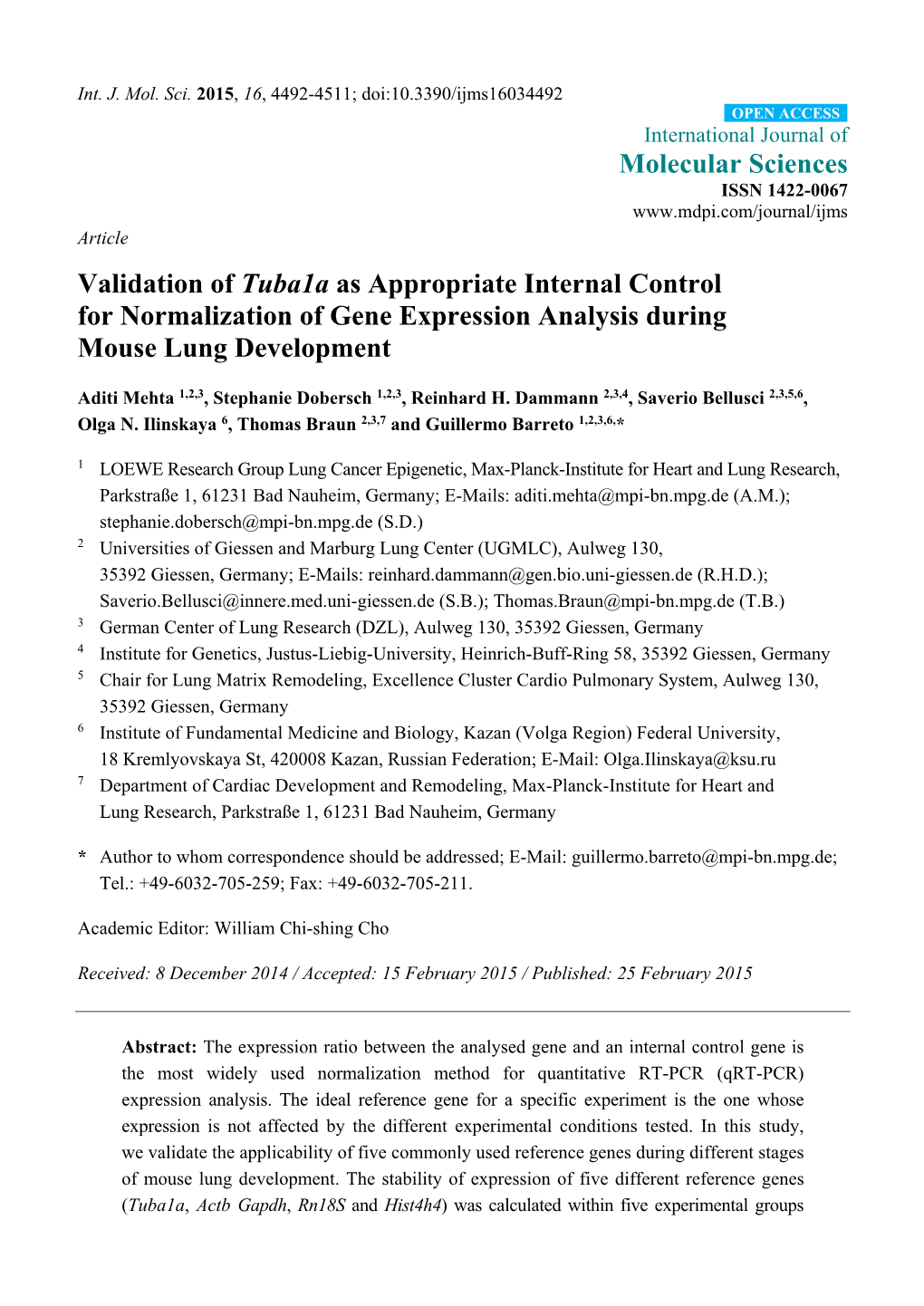 Validation of Tuba1a As Appropriate Internal Control for Normalization of Gene Expression Analysis During Mouse Lung Development