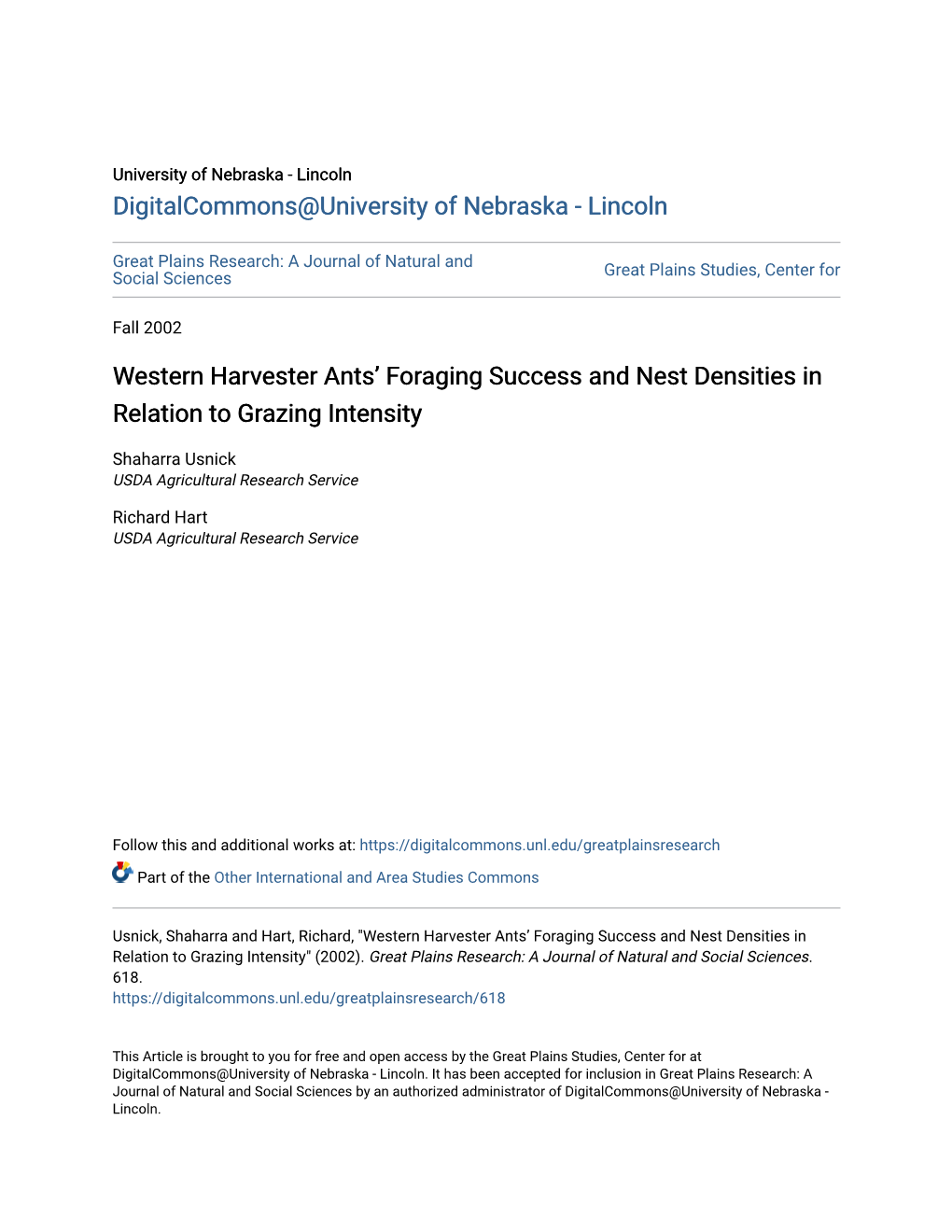 Western Harvester Antsâ•Ž Foraging Success and Nest Densities In