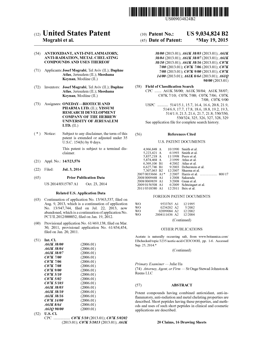 (12) United States Patent (10) Patent No.: US 9,034,824 B2 Mograbi Et Al