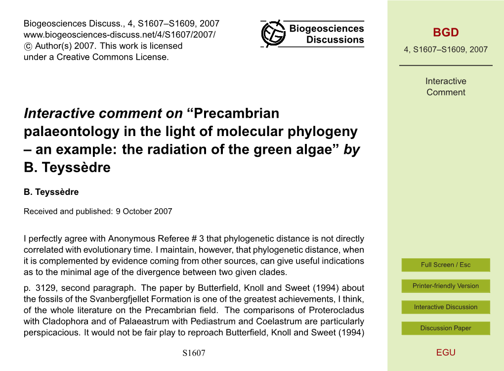 Precambrian Palaeontology in the Light of Molecular Phylogeny – an Example: the Radiation of the Green Algae” by B