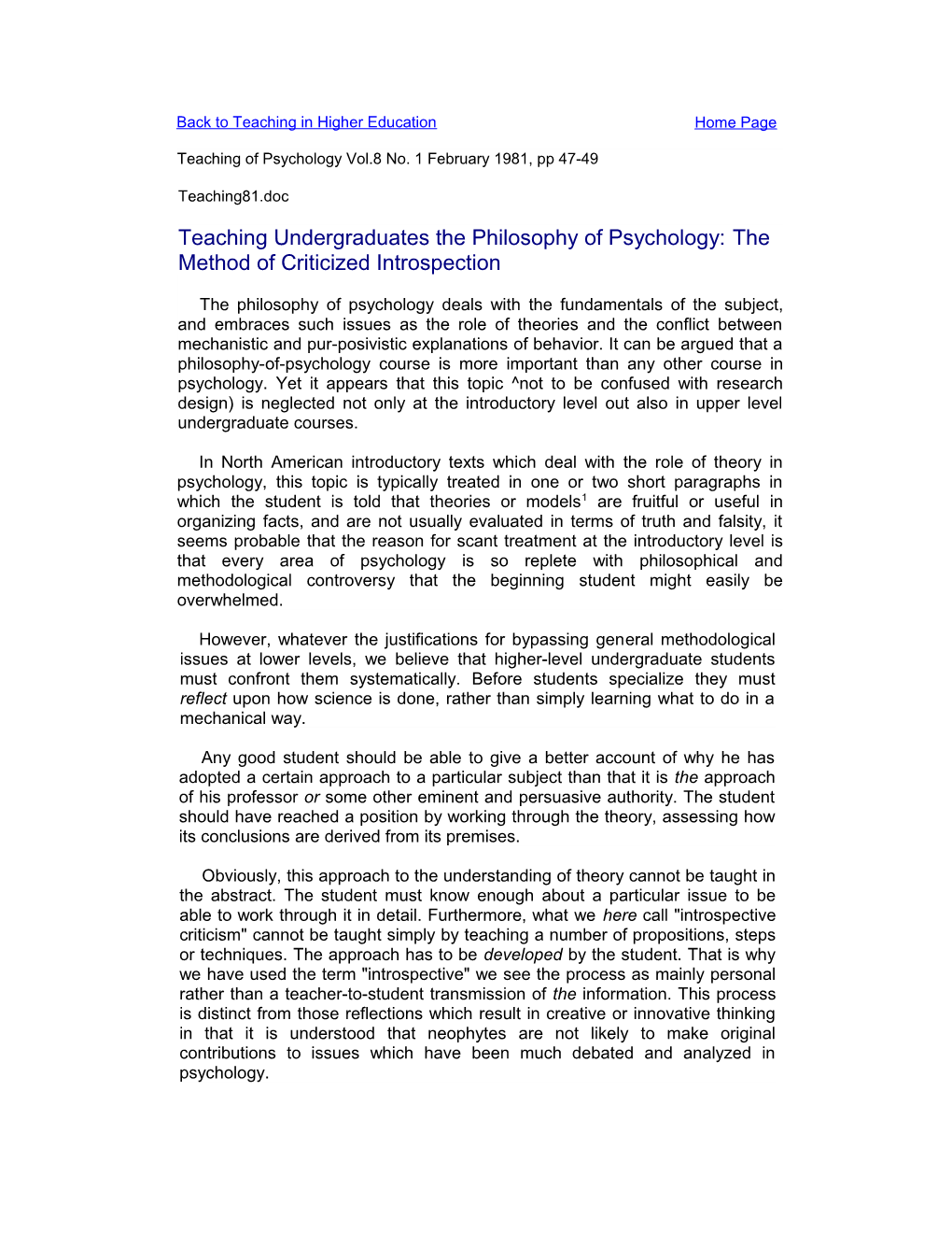 Teaching Undergraduates the Philosophy of Psychology: the Method of Criticized Introspection