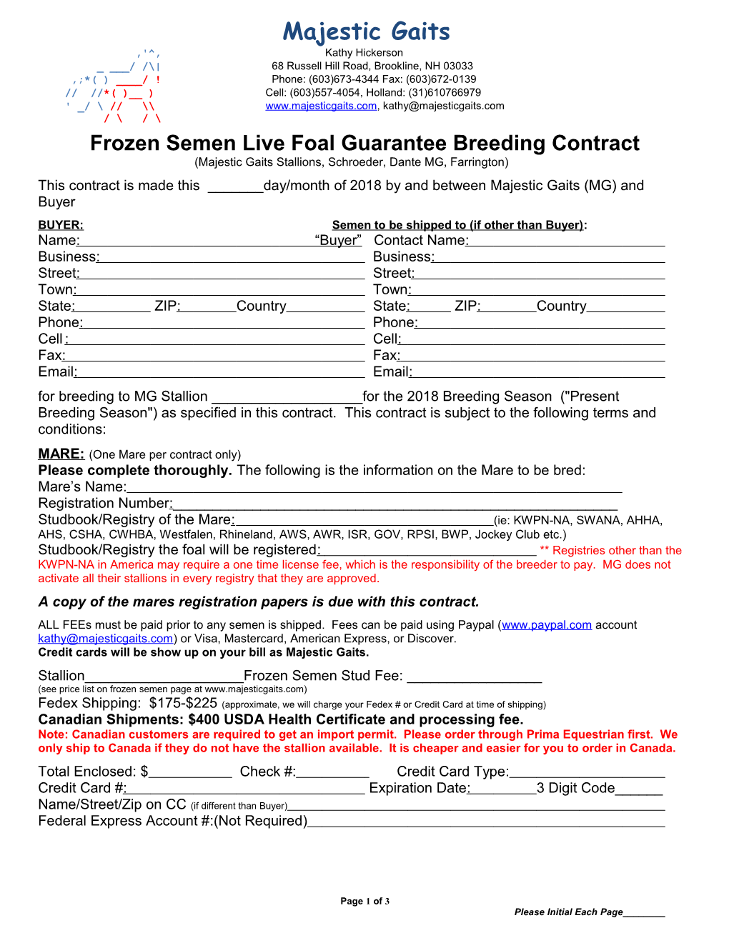 Frozen Semen Breeding Contract MG - Majestic Gaits