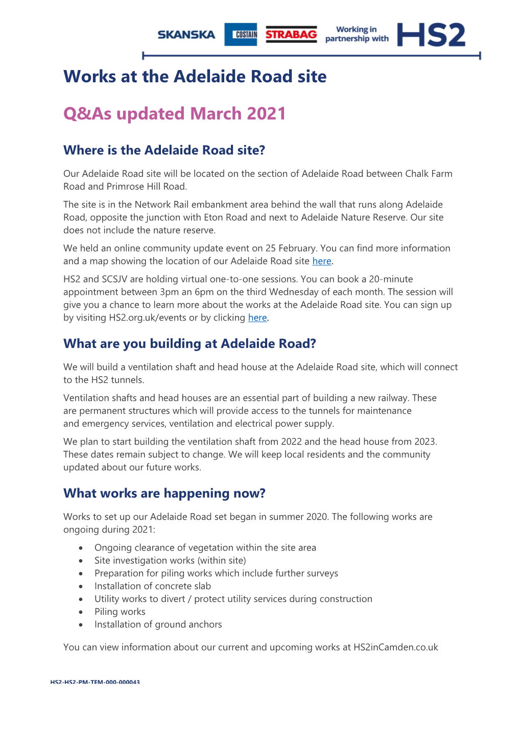 Works at the Adelaide Road Site Q&As Updated March 2021