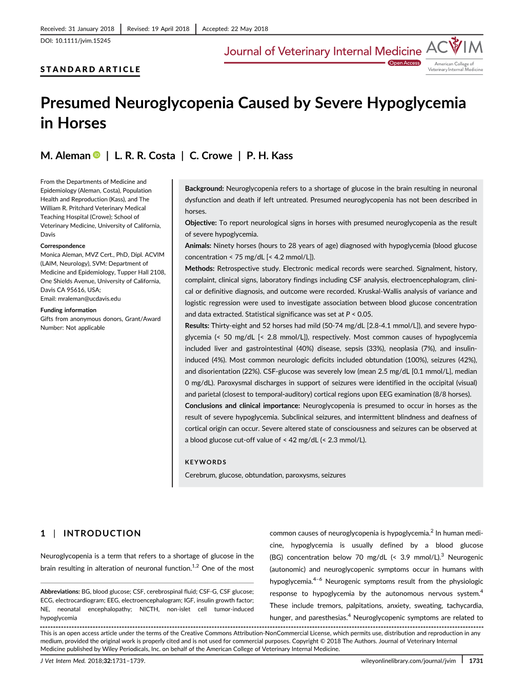 Presumed Neuroglycopenia Caused by Severe Hypoglycemia in Horses