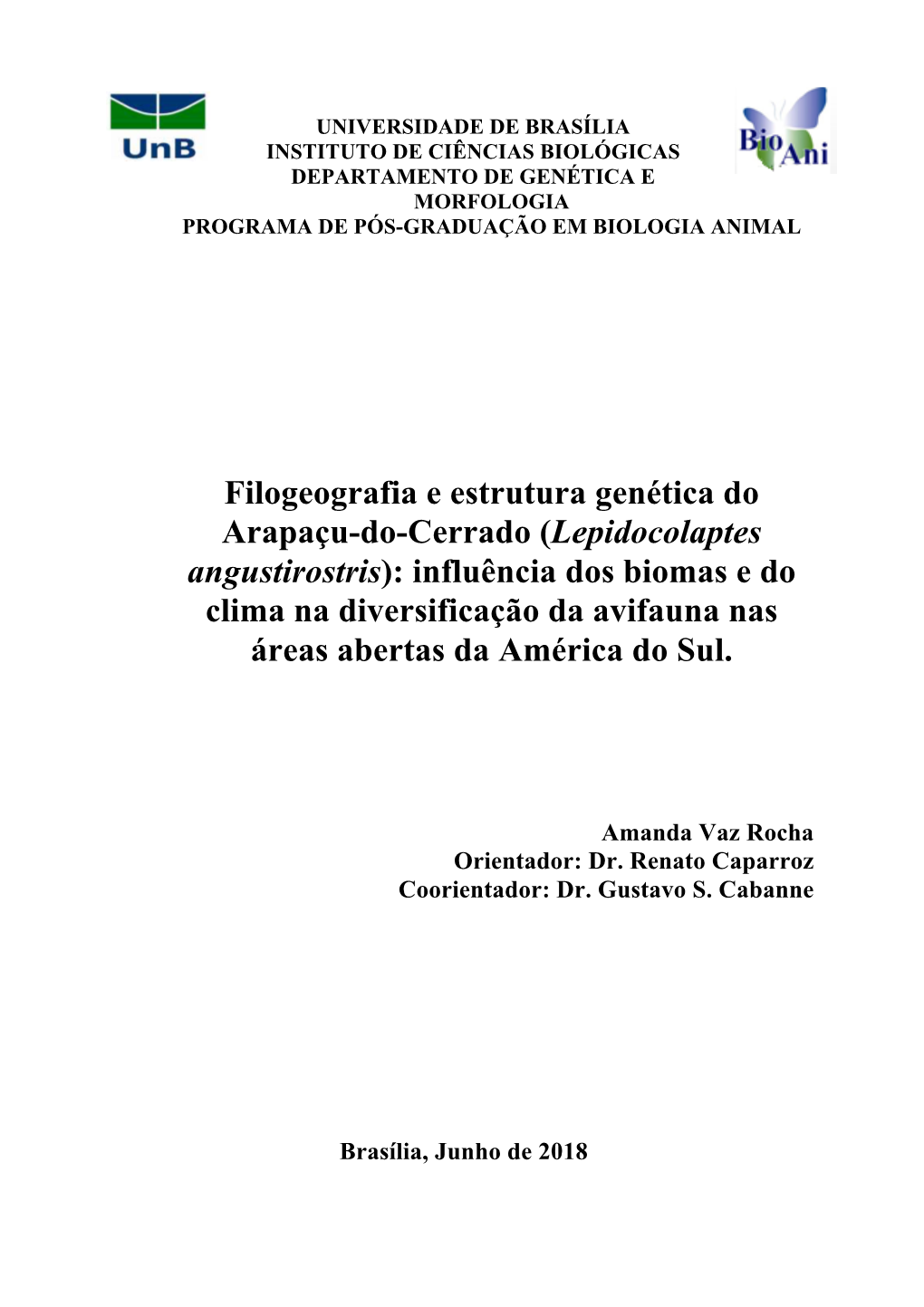 Filogeografia E Estrutura Genética Do Arapaçu-Do-Cerrado