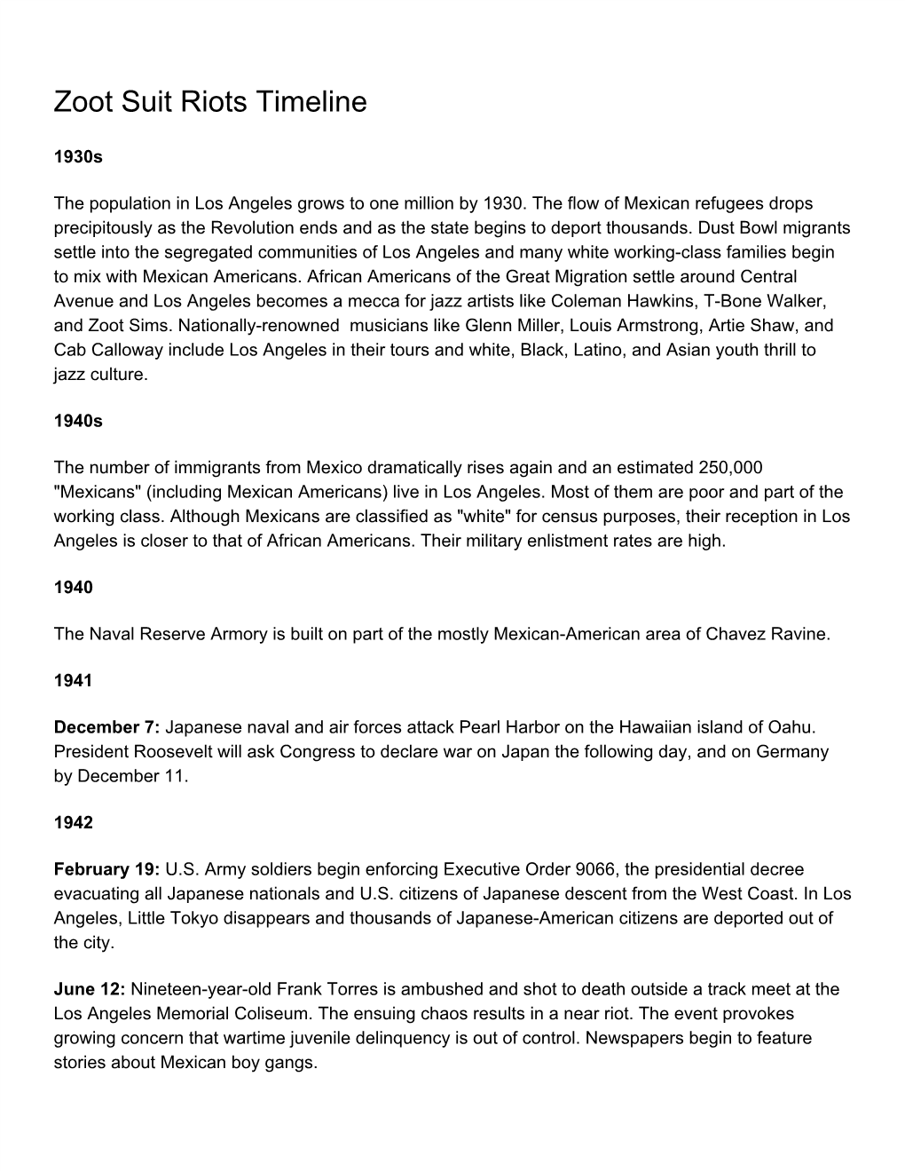 Zoot Suit Riots Timeline