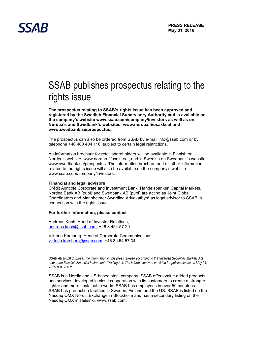 SSAB Publishes Prospectus Relating to the Rights Issue