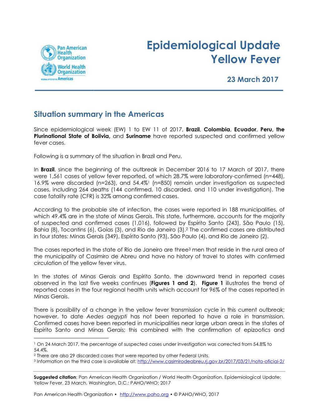 23 March 2017: Yellow Fever – Epidemiological Update
