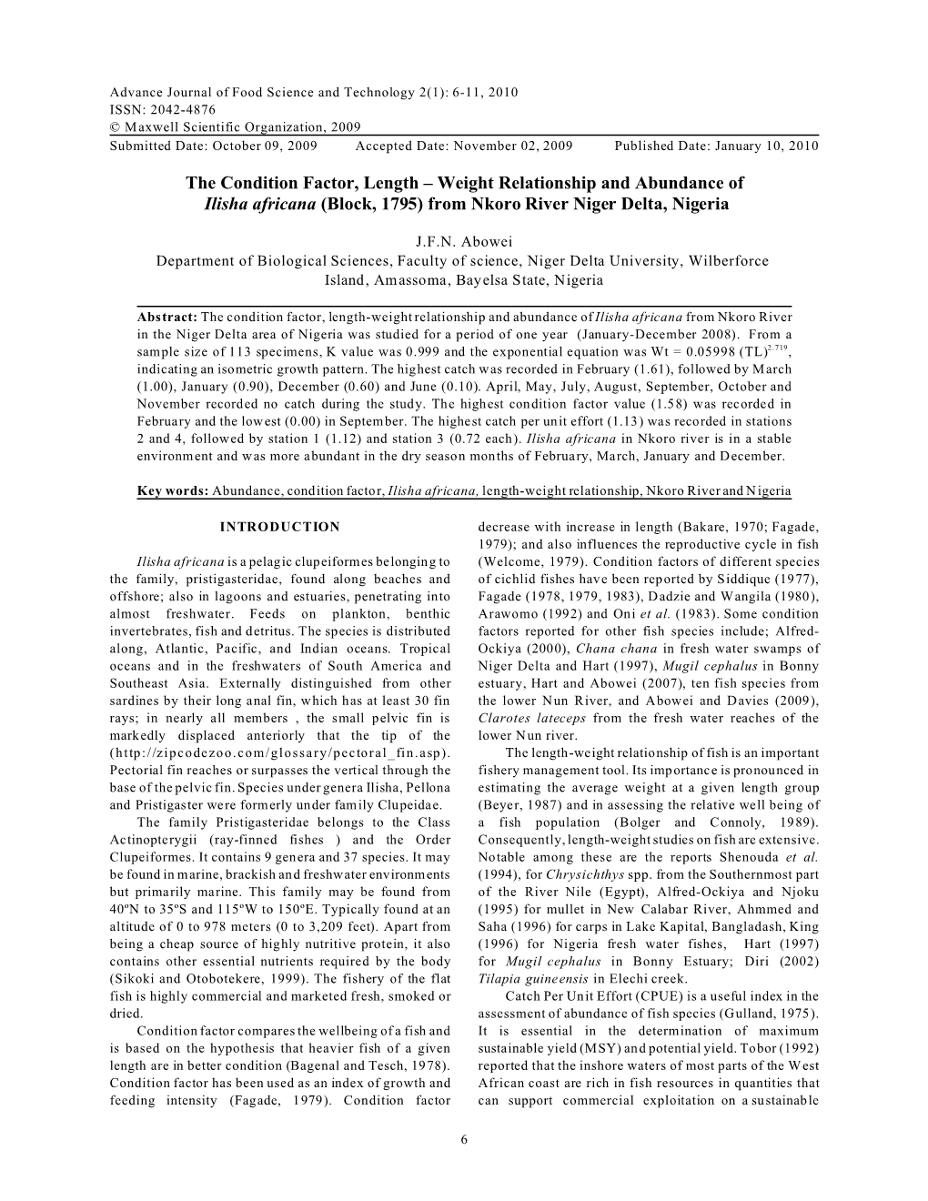 The Condition Factor, Length – Weight Relationship and Abundance of Ilisha Africana (Block, 1795) from Nkoro River Niger Delta, Nigeria