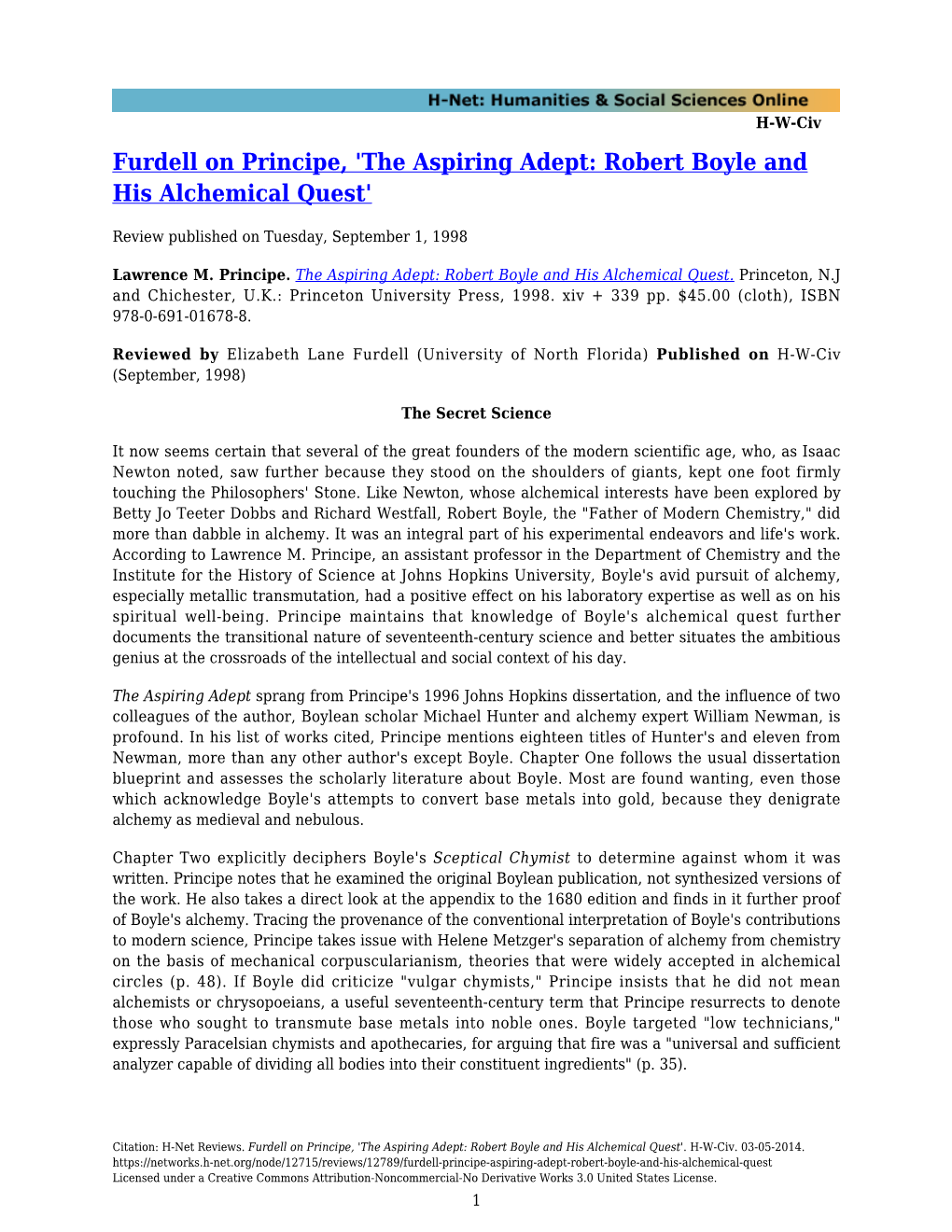 The Aspiring Adept: Robert Boyle and His Alchemical Quest'