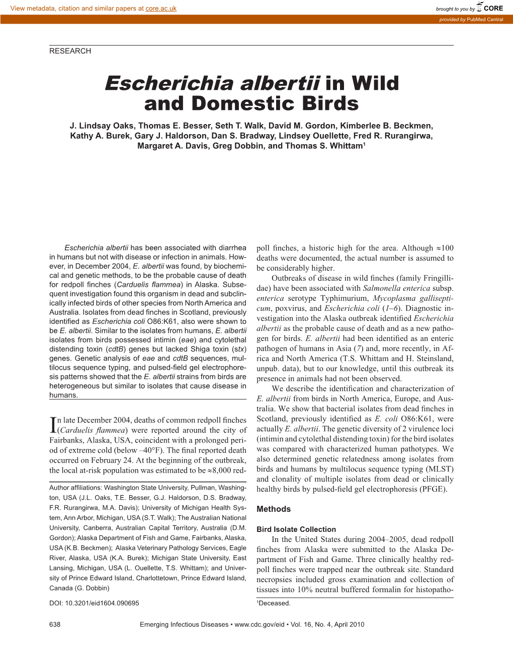 Escherichia Albertii in Wild and Domestic Birds J