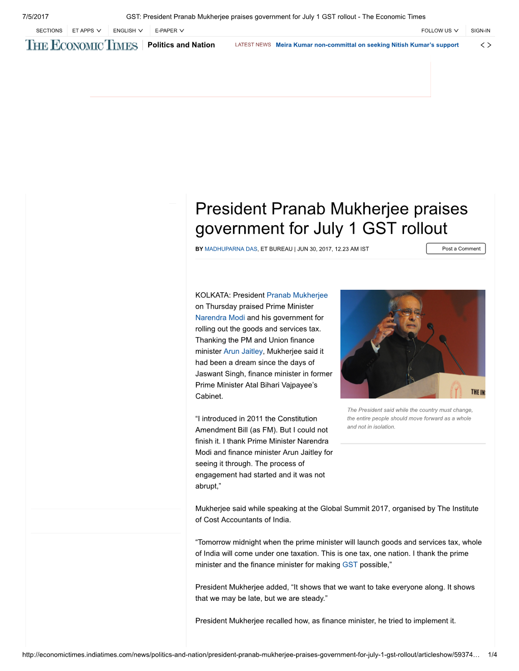 President Pranab Mukherjee Praises Government for July 1 GST Rollout - the Economic Times