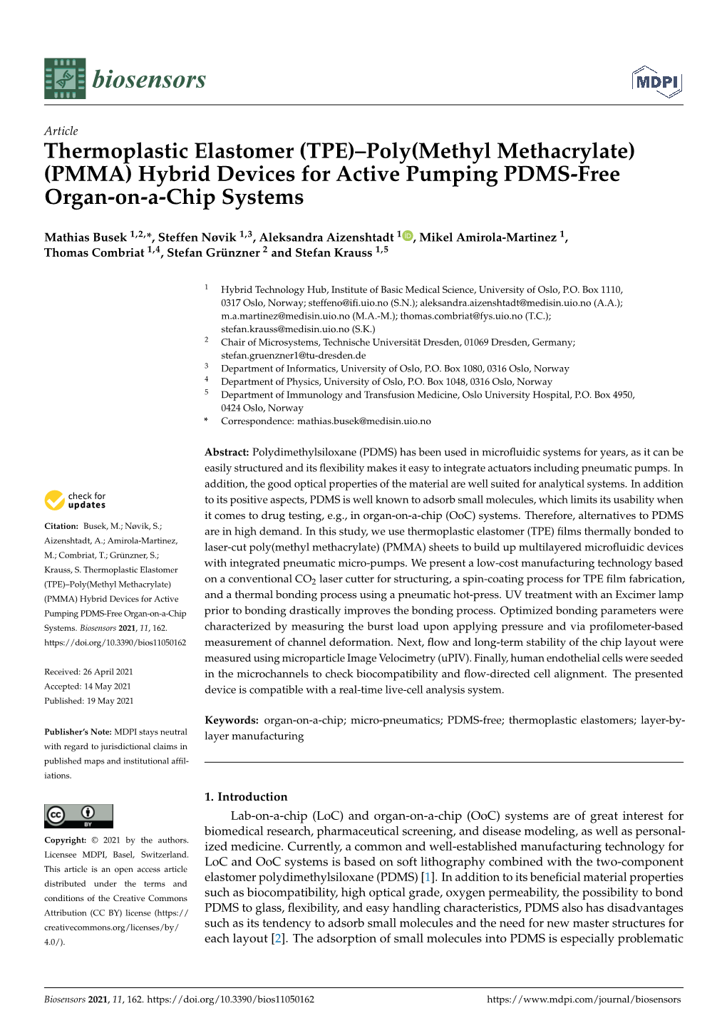 Thermoplastic Elastomer (TPE)–Poly(Methyl Methacrylate) (PMMA) Hybrid Devices for Active Pumping PDMS-Free Organ-On-A-Chip Systems