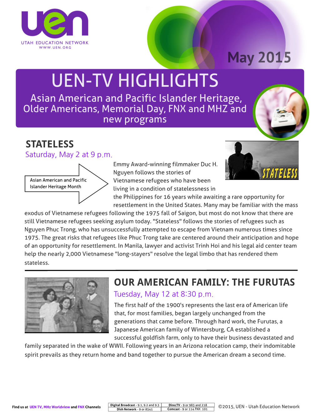 UEN-TV HIGHLIGHTS Asian American and Pacific Islander Heritage, Older Americans, Memorial Day, FNX and MHZ and New Programs