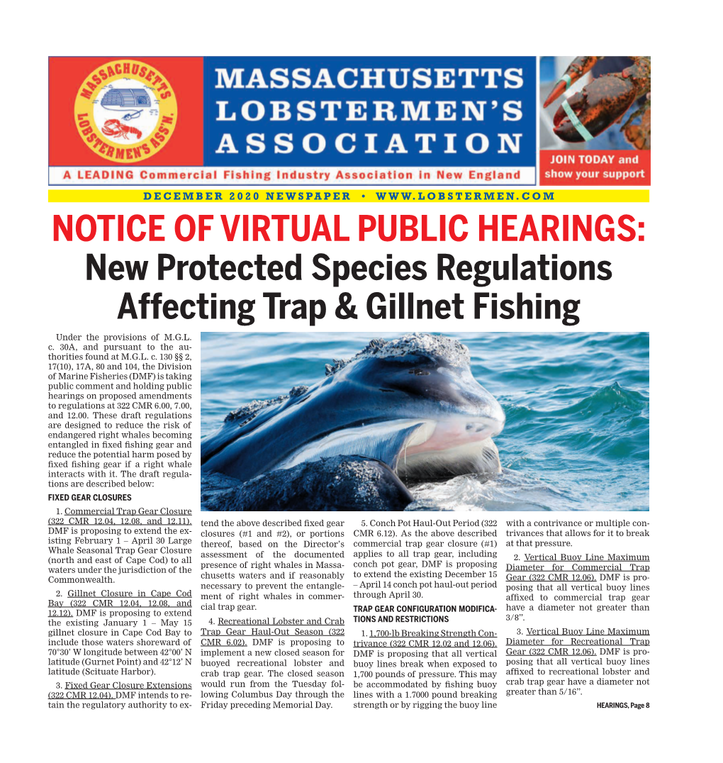 NOTICE of VIRTUAL PUBLIC HEARINGS: New Protected Species Regulations Affecting Trap & Gillnet Fishing