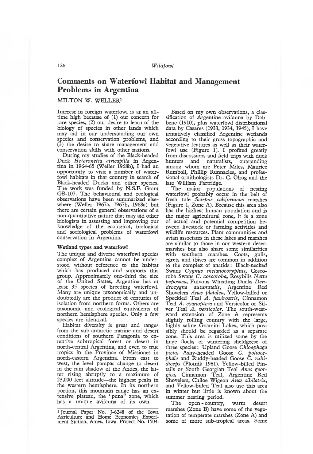 Comments on Waterfowl Habitat and Management Problems in Argentina