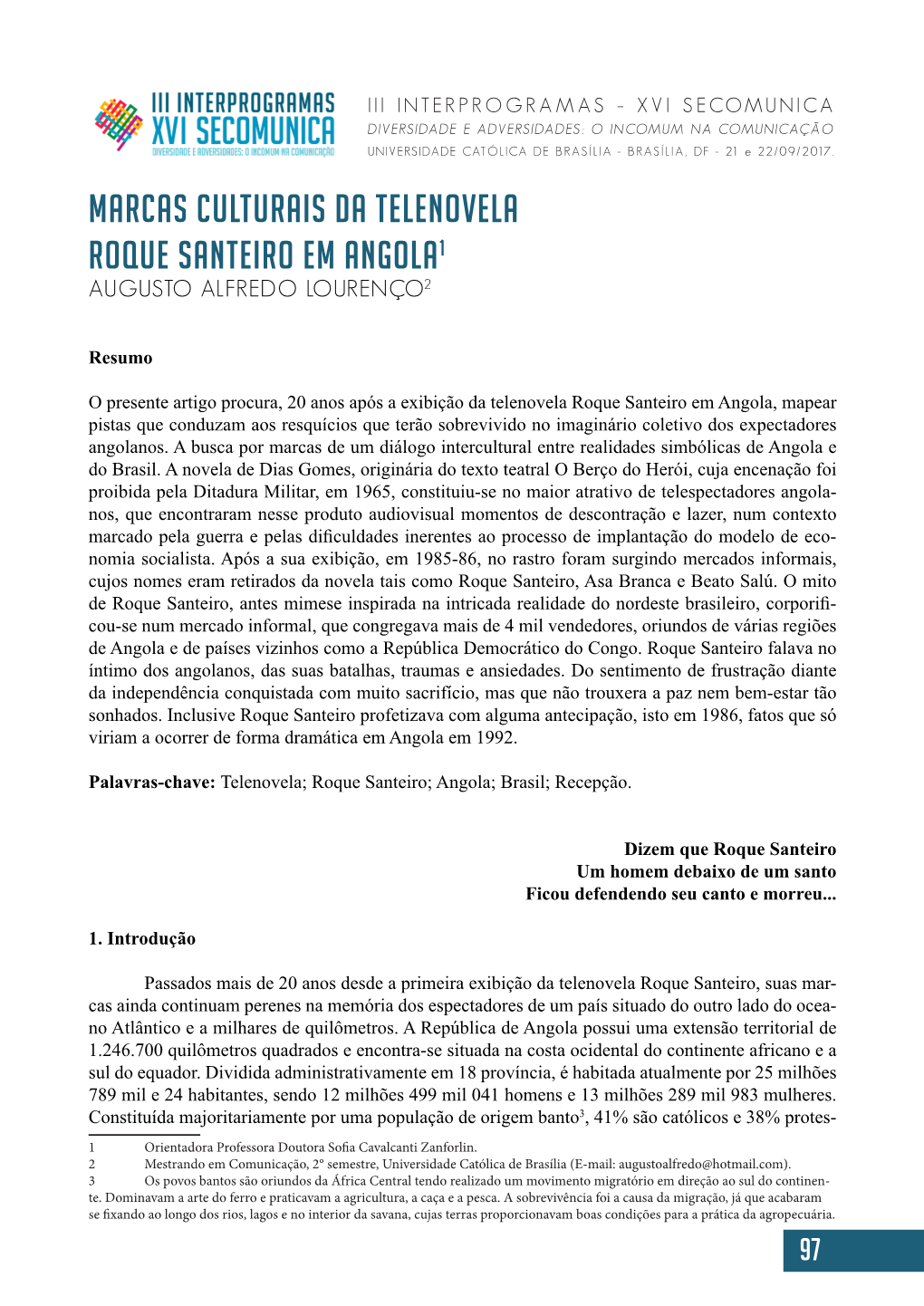 Marcas Culturais Da Telenovela Roque Santeiro Em Angola1 Augusto Alfredo Lourenço2