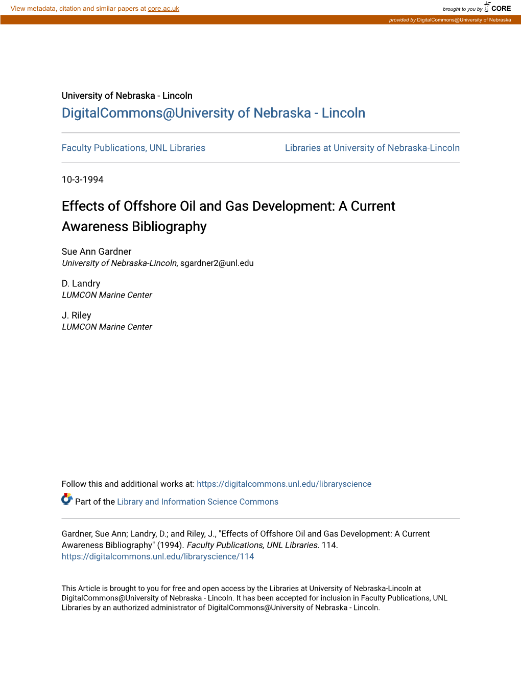 Effects of Offshore Oil and Gas Development: a Current Awareness Bibliography