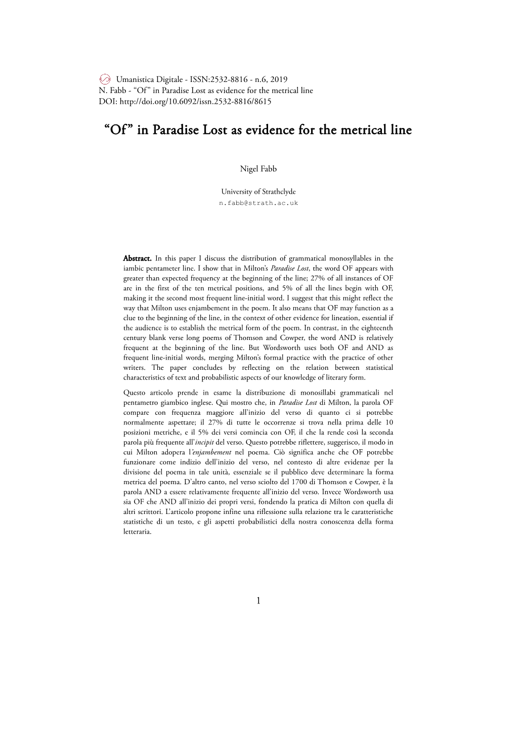 “Of” in Paradise Lost As Evidence for the Metrical Line DOI