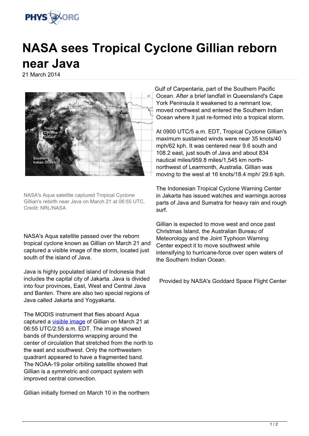 NASA Sees Tropical Cyclone Gillian Reborn Near Java 21 March 2014