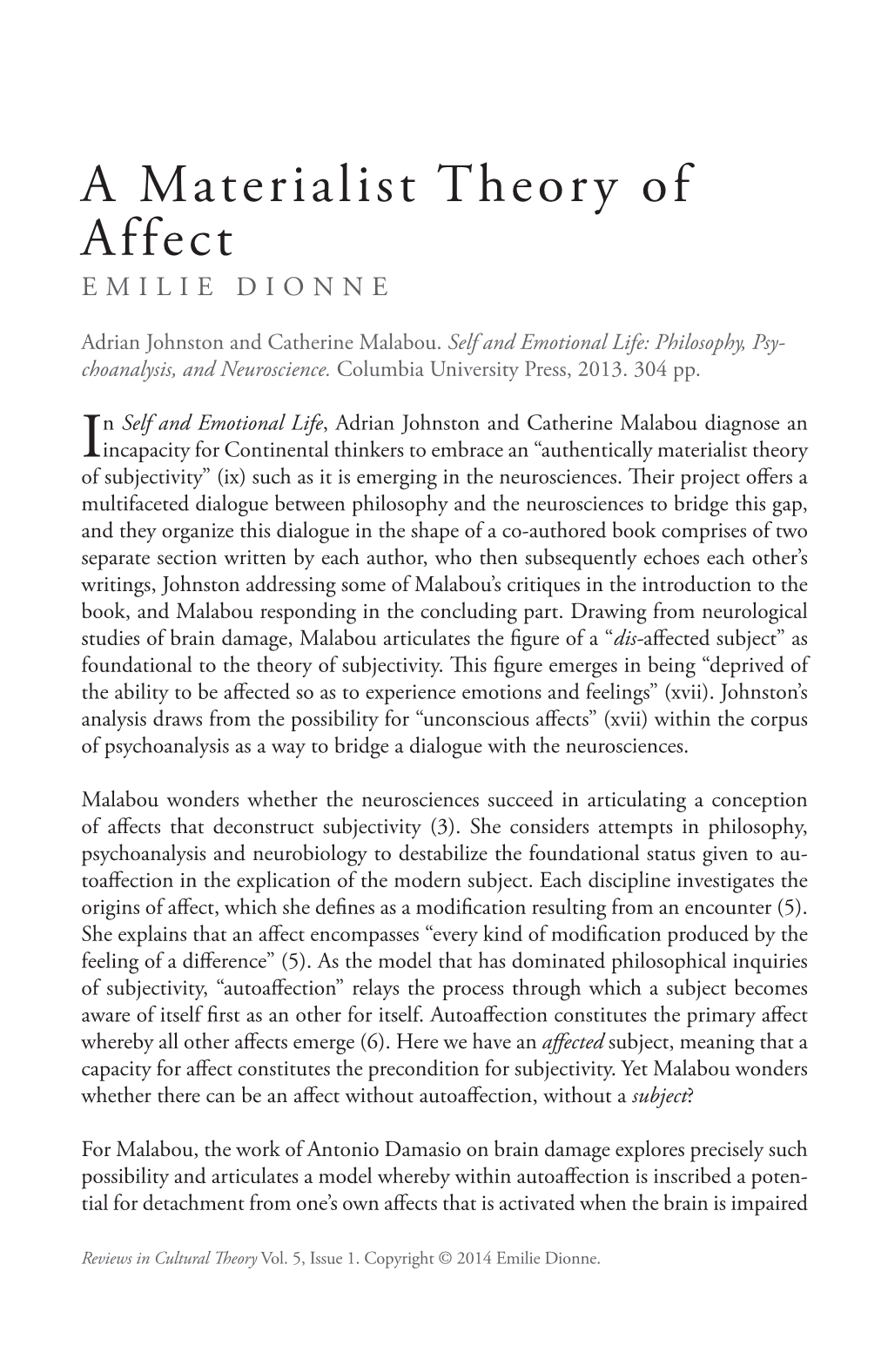 A Materialist Theory of Affect EMILIE DIONNE