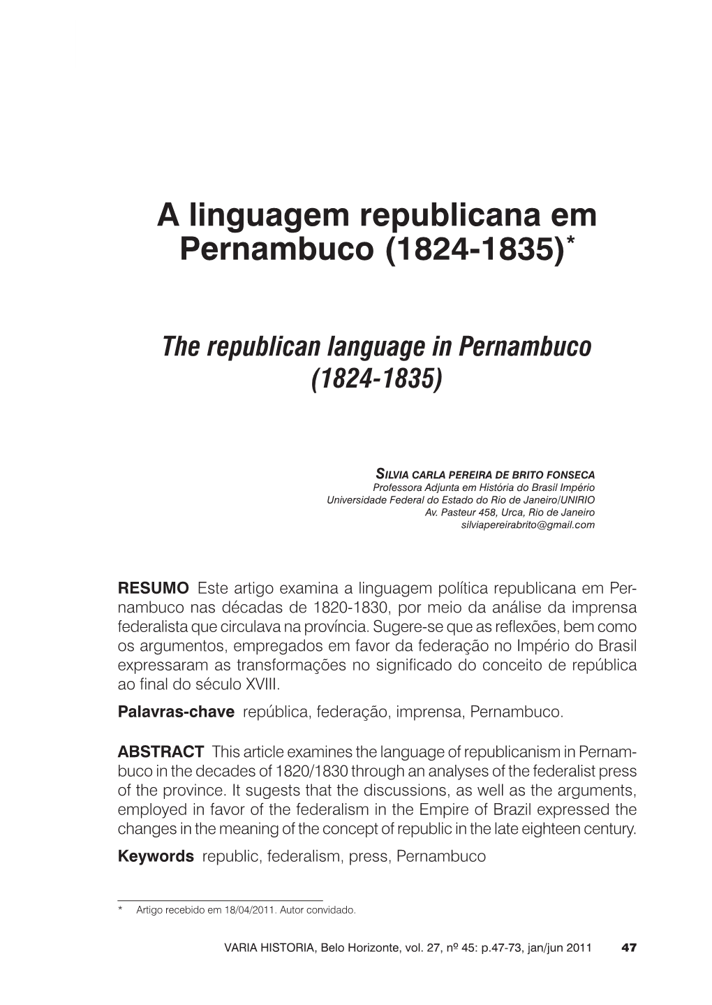 A Linguagem Republicana Em Pernambuco (1824-1835)