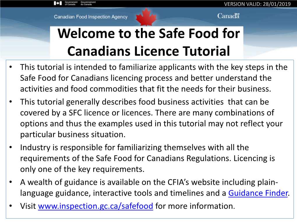 Welcome to the Safe Food for Canadians Licence Tutorial