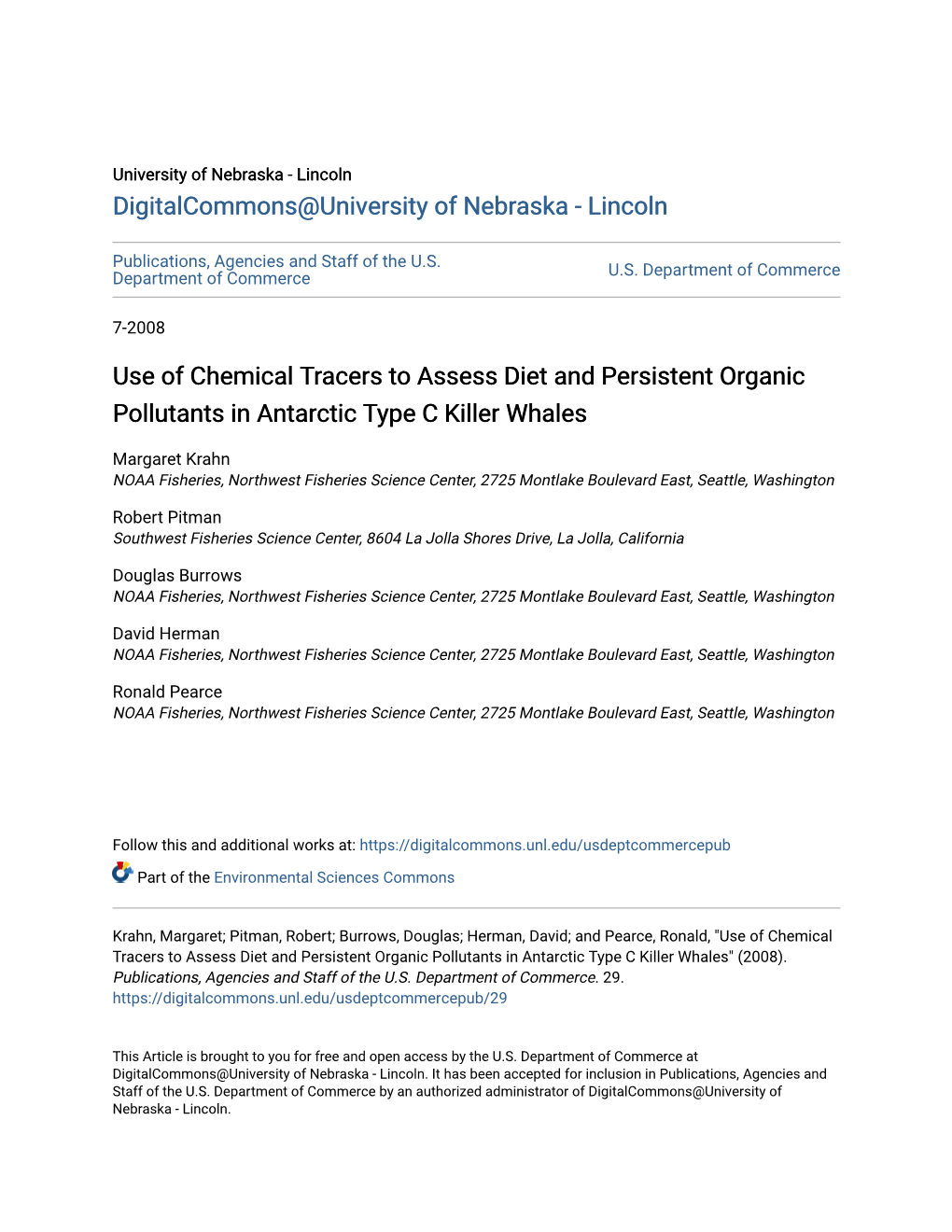 Use of Chemical Tracers to Assess Diet and Persistent Organic Pollutants in Antarctic Type C Killer Whales