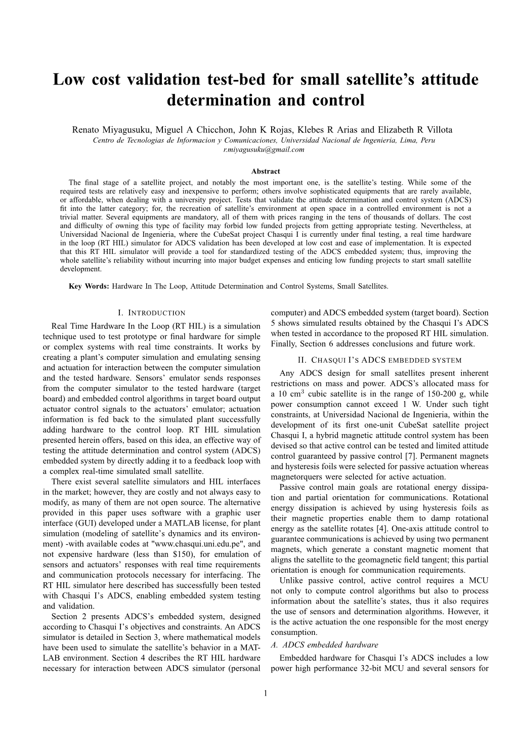 Low Cost Validation Test-Bed for Small Satellite's Attitude Determination and Control