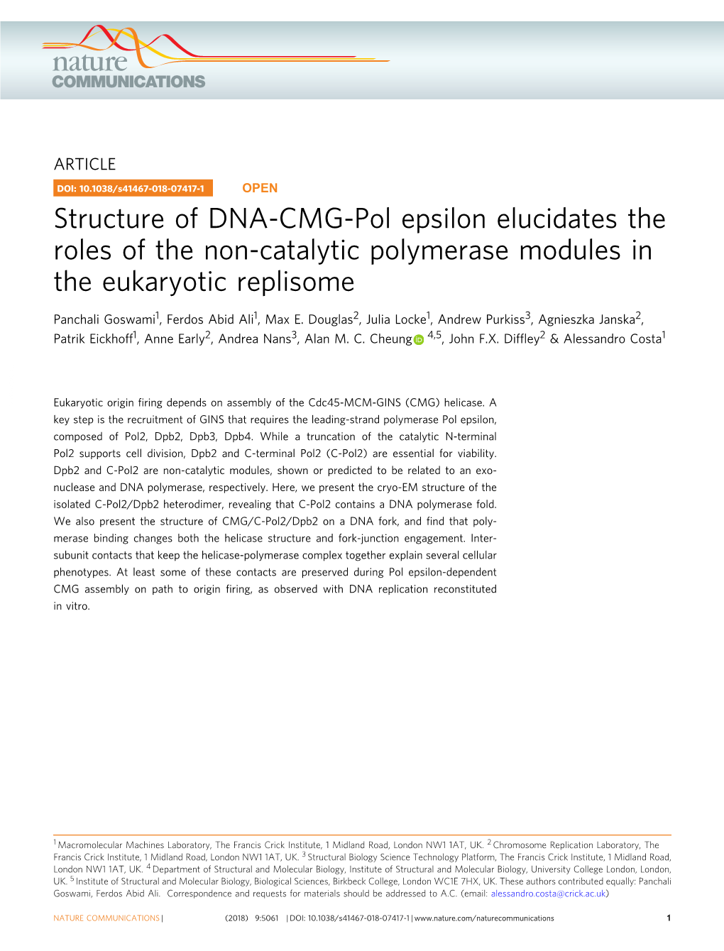 Structure of DNA-CMG-Pol Epsilon Elucidates the Roles of the Non-Catalytic Polymerase Modules in the Eukaryotic Replisome