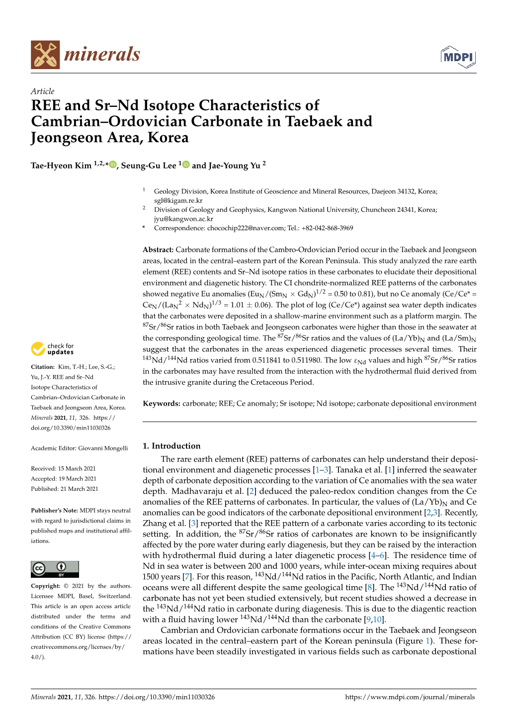 REE and Sr–Nd Isotope Characteristics of Cambrian–Ordovician Carbonate in Taebaek and Jeongseon Area, Korea
