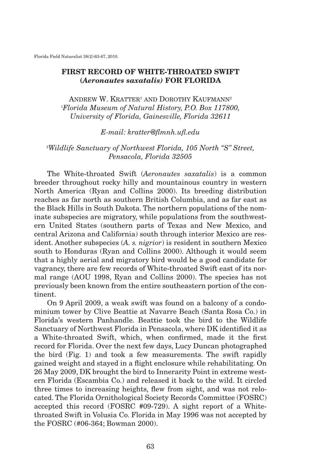 63 FIRST RECORD of WHITE-THROATED SWIFT (Aeronautes Saxatalis) for FLORIDA 1Florida Museum of Natural History, P.O. Box 117800